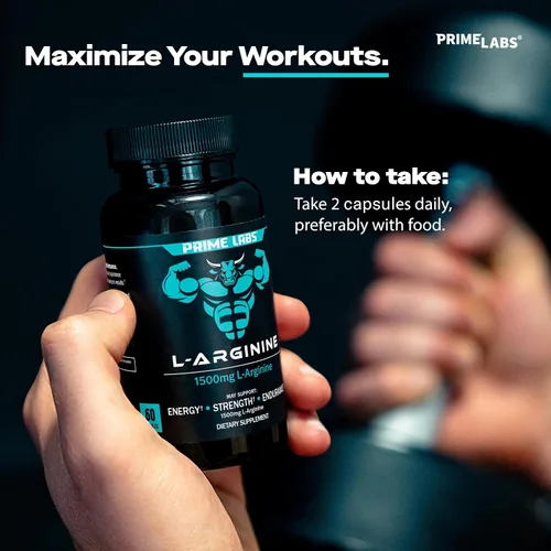 Vista 5 de Prime Labs L-arginina 1500mg - Suplemento de óxido nítrico - Flujo sanguíneo, energía, fuerza, resistencia - 60