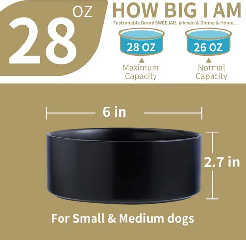 Vista 3 de Cuenco elevado de cerámica negro para perros con soporte de madera para razas pequeñas y medianas, plato de agua pesado, 6 pulgadas antideslizante