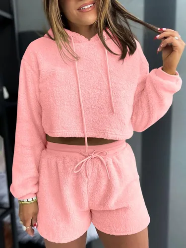 Vista 2 de Fazortev Conjunto de 2 piezas mullido para mujer, sudadera con capucha y cintura alta, pantalones cortos con cordón