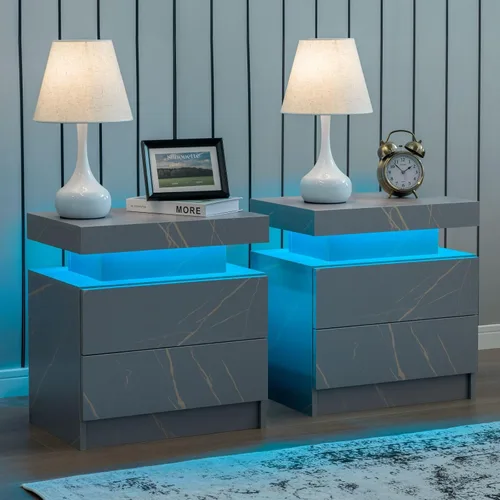 Vista 8 de Juego de 2 mesitas de noche LED negras, juego de 2 mesitas de noche modernas con 2 cajones, mesa auxiliar con luces LED para dormitorio, sala
