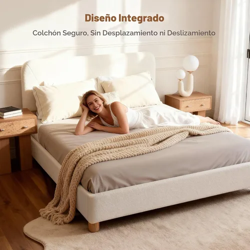 Vista 3 de Marco de Cama Cloud Tamaño Full, Marco de Cama Tapizado Boucle con Cabecera Ajustable, Patas de Madera Sólida, Diseño de Esquinas Redondeadas