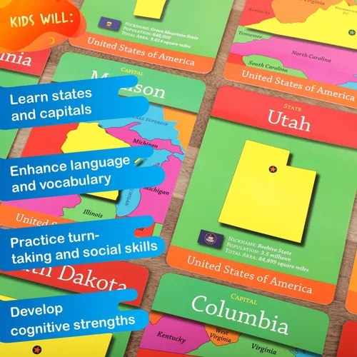 Vista 4 de Geotoys GeoCards, USA Flash Cards Juego de geografía, juegos de cartas para niños, para familias, hogar, escuela y viajes, tarjetas flash de Estados