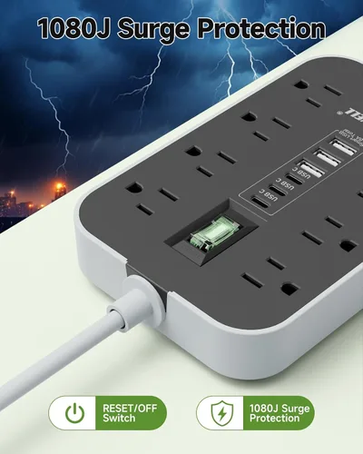 Vista 8 de Regleta de alimentación para electrodomésticos: cable de extensión resistente de calibre 14, 24 pulgadas, 8 tomas de CA y 6 puertos USB, estación