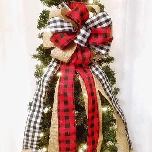 Vista 5 de Decoración para árbol de Navidad, diseño de búfalo grande, arpillera roja y negra, lazo de regalo para árbol de Navidad, decoración de fiesta