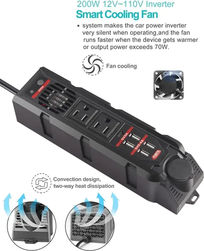Vista 4 de Inversor de corriente para automóvil de 200 W CC 12 V a 110 V CA – Dos salidas de CA, 4 USB-A (4.8 A) y 18 W USB-C PD carga rápida, enchufe extra