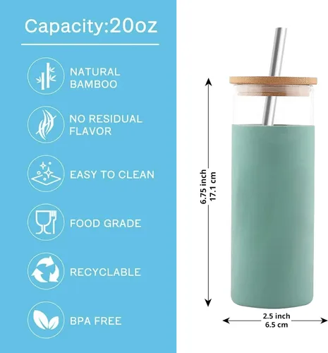 Vista 4 de ANSAP - Vaso de vidrio de 20 onzas, botella de vidrio, funda protectora de silicona, popote de acero inoxidable, 2 tapas de bambú, 100% vidrio
