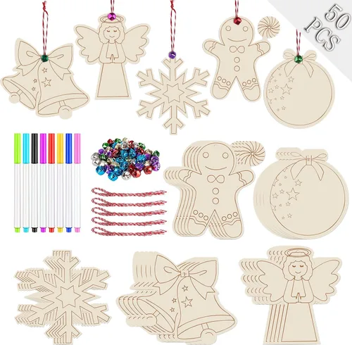 Vista 7 de Artmag 50 unidades de adornos de madera sin terminar de Navidad, discos de madera redondos en blanco para manualidades, centros de mesa, decoración