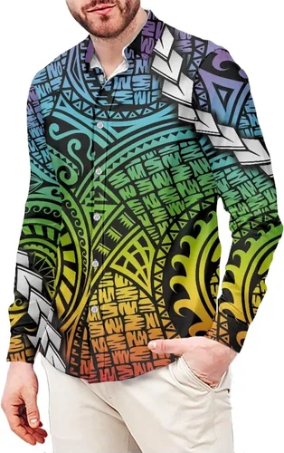Vista 4 de Camisa de guayabera polinesia para hombre, patrón de Samoa Americana, vintage, cuello en V, manga larga, hawaiana, camisas de vestir para hombres