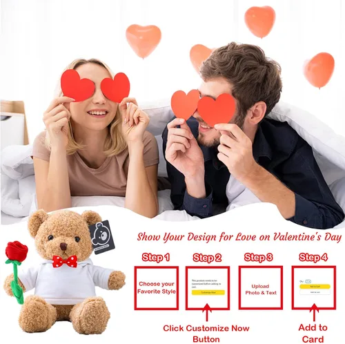 Vista 7 de Oso de peluche con rosa y lazo como regalo personalizado de San Valentín para ella o él, oso de peluche personalizado con nombre o texto