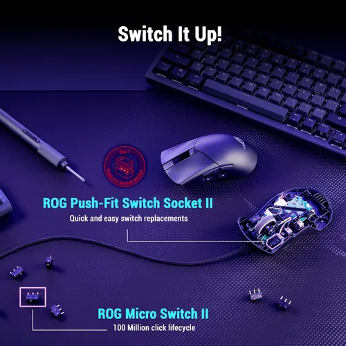 Vista 4 de ASUS ROG Gladius III Core Ratón para juegos con cable – Ergonómico para diestros, 72g, 12K DPI, ROG Paracord, enchufes de interruptor de ajuste a