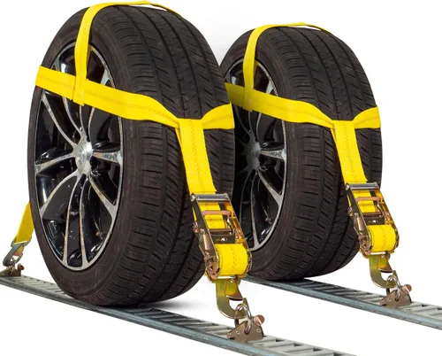 Vista 7 de US Cargo Control Capó de rueda con ganchos planos y trinquete, amarre amarillo fácil de usar para el transporte de automóviles, correas de poliéster