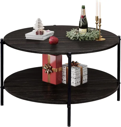 Vista 16 de WLIVE - Mesa de centro redonda, mesa de café pequeña de 32.6" con estante de almacenamiento, mesa de centro de madera de 2 niveles para sala