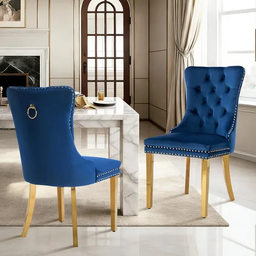 Vista 110 de Juego de 2 sillas de comedor de terciopelo con patas de madera, color beige Mid Century Modern Dining Chairs,Upholstered Chairs with Nailhead