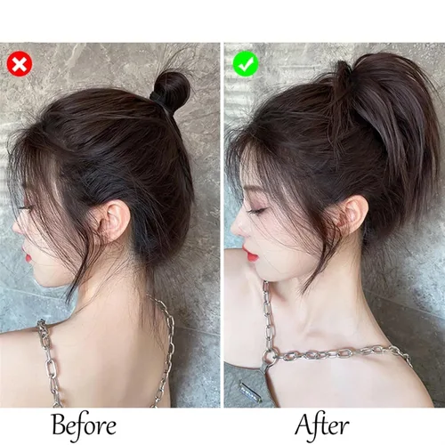 Vista 5 de GRFIT Extensiones de moño de cabello sintético, extensiones de moño desordenadas, esponjosas, de cabello lacio, banda elástica, moño, extensiones