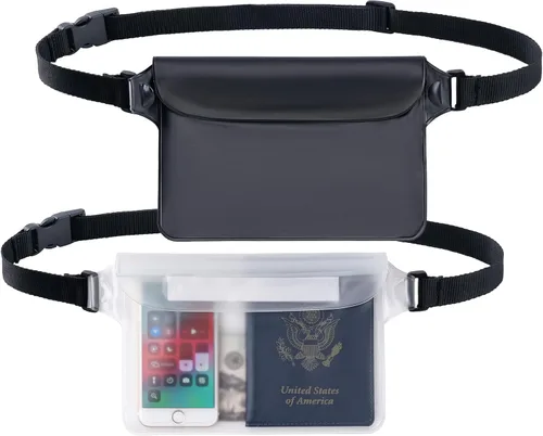 Vista 12 de CADONO Paquete de 2 fundas impermeables con correa ajustable para la cintura Bolsa seca sensible al tacto en pantalla, mantiene tu teléfono y Negro