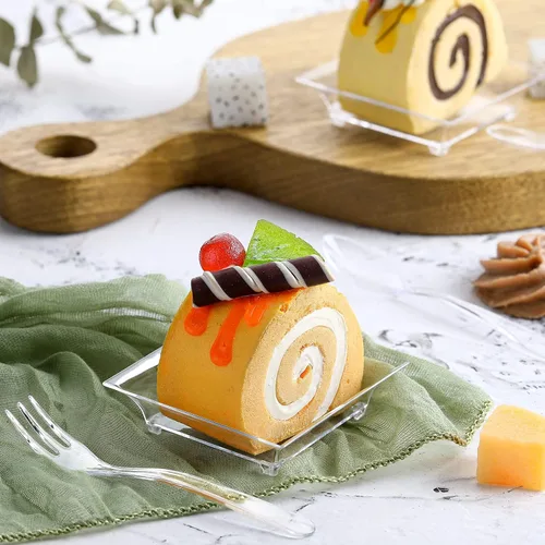Vista 7 de Meanplan Paquete de 300 mini platos desechables de plástico transparente para postre con 150 tenedores de plástico y 150 cucharas para platos