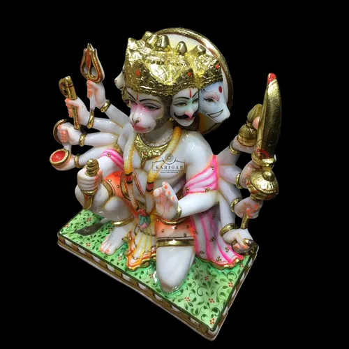 Vista 5 de Estatua de Hanuman Murti de 12 pulgadas de hoja de oro grande Panchmukhi Hanuman mármol bendición 5 caras Hanuman figura Hanuman mono hindú dios