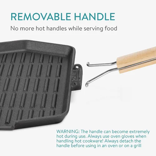 Vista 3 de Navaris Juego de sartenes de hierro fundido chisporroteante, sartén para parrilla con mango extraíble para fajitas, bistec, platos chisporroteantes