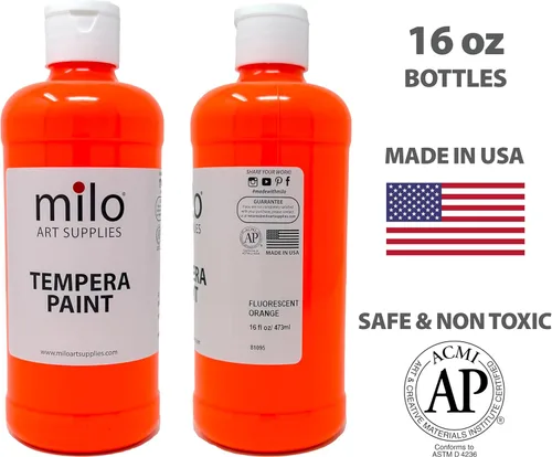 Vista 2 de milo Pintura de témpera fluorescente neón lavable, botellas de 16 onzas, 6 colores, fabricada en los Estados Unidos, brilla con luz ultravioleta