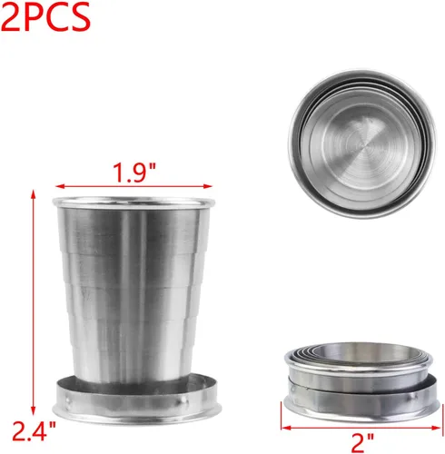Vista 2 de MY MIRONEY 2 vasos plegables de acero inoxidable telescópicos, vasos plegables portátiles para exteriores con llavero de metal y tapa para viajes