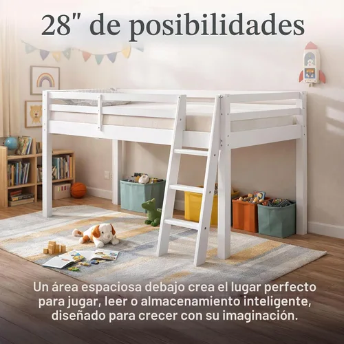 Vista 4 de Alaterre Furniture Roxy - Cama tipo loft individual – Cama baja tipo loft con escalera, barandillas de seguridad y espacio debajo de la cama