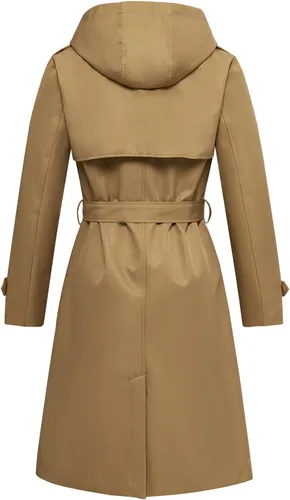 Vista 2 de FARVALUE Gabardina impermeable para mujer, larga, doble botonadura, rompevientos, clásica, con cinturón, solapa con capucha extraíble