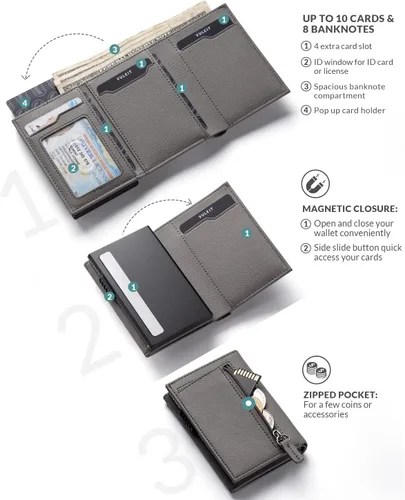 Vista 2 de VULKIT Cartera con bolsillo para monedas, cierre magnético, con ventana de identificación, billetera de cuero para efectivo y tarjetas de crédito