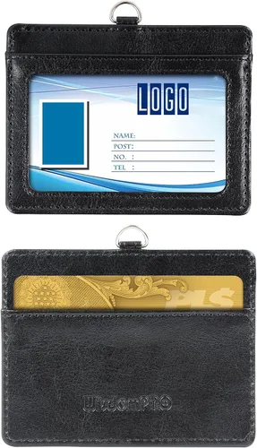 Vista 4 de Wisdompro, sujetador de documento de identidad de piel de PU de dos caras, riel retráctil y anillo para llave.