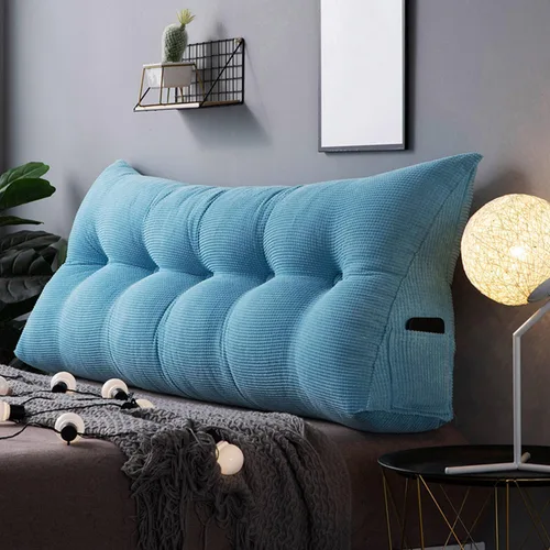 Vista 10 de Almohada triangular de cuña, respaldo de cabecera de vellón, cojín grande para reposo en cama, almohadas de lectura, almohada de apoyo de Azul