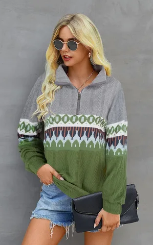Vista 4 de Cestyle Sudadera de manga larga con cremallera de 14 para mujer, con cuello de retazos, de punto