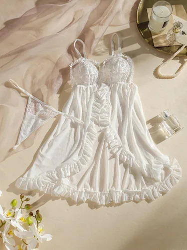 Vista 5 de SHENHE Vestido de lencería transparente con volantes y encaje para mujer, con tanga