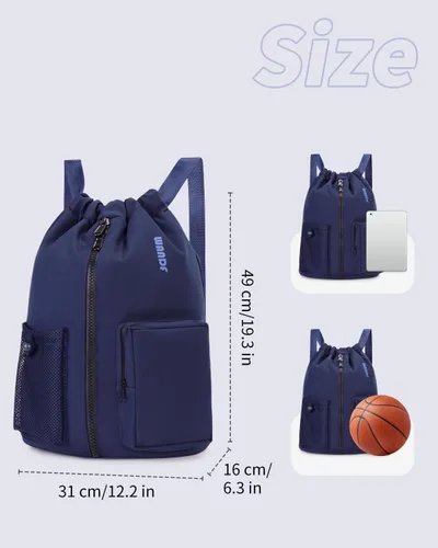 Vista 6 de WANDF Mochila deportiva con cordón y compartimento para zapatos, resistente al agua, bolsa de natación para mujeres y hombres, Azul marino, Mediana