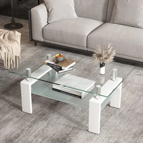 Vista 8 de Mesa auxiliar de cristal para sala de estar, mesa central rectangular de 2 niveles con patas de metal, mesa auxiliar para el hogar, oficina