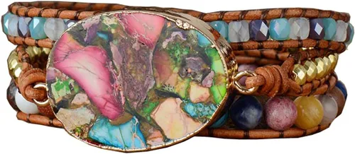 Vista 22 de Women Boho Wrap Bracelet Natural Jasper Crystal Stone Bead Strand Bracelets Marrón