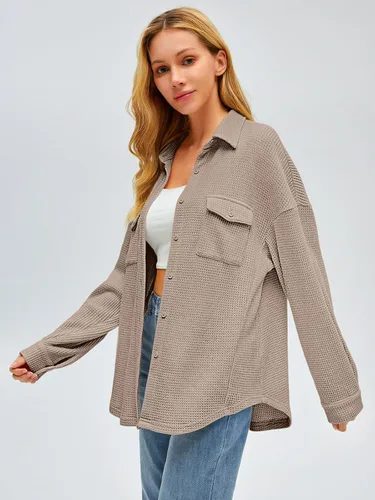Vista 2 de Womens Waffle Knit Shackets Oversized Button Down Shirts Jackets Blouse Loose Fit Long Sleeve Fall Tops 2023