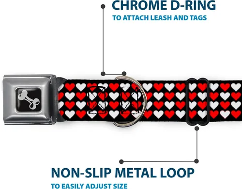 Vista 5 de Buckle-Down Collar de perro con hebilla de cinturón de seguridad, mini corazones, negro, rojo, blanco, 1 pulgada de ancho, se adapta a cuello de 9 a