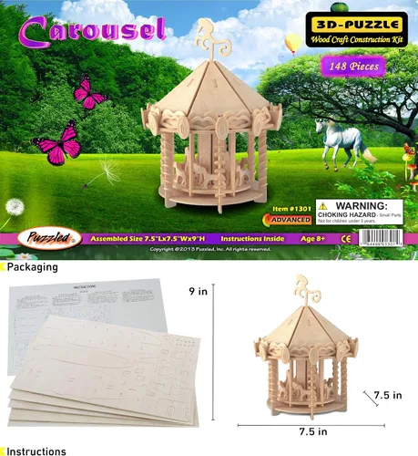 Vista 2 de Puzzled Juego de carrusel de rompecabezas 3D, kit de modelo de construcción de artesanías de madera, divertido y educativo, juguete de madera