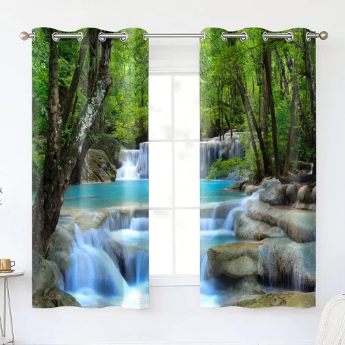 Vista 18 de Renaiss Cortinas opacas con cascada, diseño de bosque profundo, con aislamiento térmico, para dormitorio, árboles, estanques, piedras, para sala