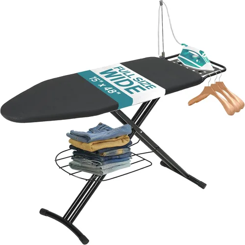 Vista 7 de RAINHOL - Tabla de planchar de tamaño completo, 43 x 13 pulgadas, tabla de planchar resistente con soporte para plancha y estante para ropa