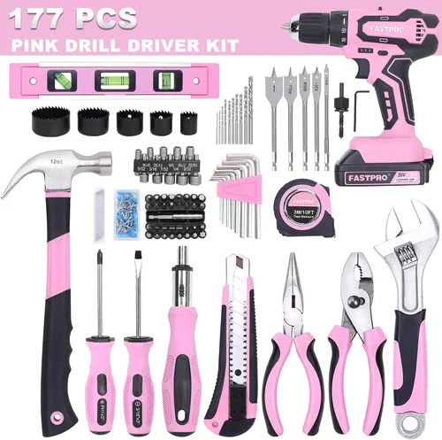 Vista 3 de FASTPRO Juego de herramientas para el hogar y taladro de iones de litio inalámbrico de 177 piezas de 20 V rosa con taladro en estuche