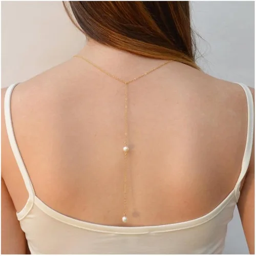 Vista 2 de Collar bohemio con caída en la espalda de perlas, cadena larga dorada, collar con telón de fondo de perlas, collar de boda, joyería para mujeres