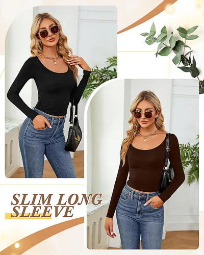 Vista 5 de Ficerd 3 piezas de camisetas cortas básicas de manga larga para mujer, ajustadas, cuello redondo, color liso, casual, para mujer