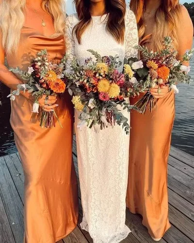 Vista 5 de Vestidos de dama de honor de satén con tirantes delgados, vestidos largos con cuello vuelto, vestidos de graduación, vestido de noche formal