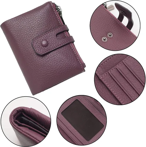 Vista 7 de Bveyzi - Billetera pequeña de cuero suave para mujer con bloqueo RFID, tarjetero para damas con doble bolsillo con cremallera