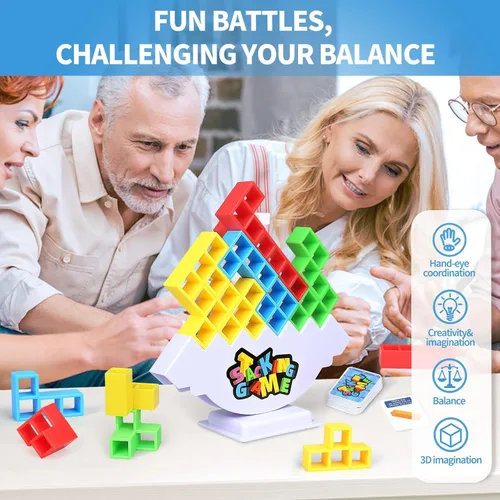 Vista 5 de BBnote Juego de apilar de 48 piezas para adultos y niños, juegos de torre de tablero tetra para viajes familiares y fiestas, juguete de equilibrio