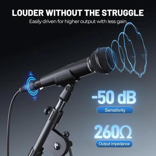 Vista 4 de Phenyx Pro Micrófono vocal dinámico, micrófono cardioide con interruptor de encendido/apagado, cable XLR de 16.4 pies, clip de micrófono, bolsa