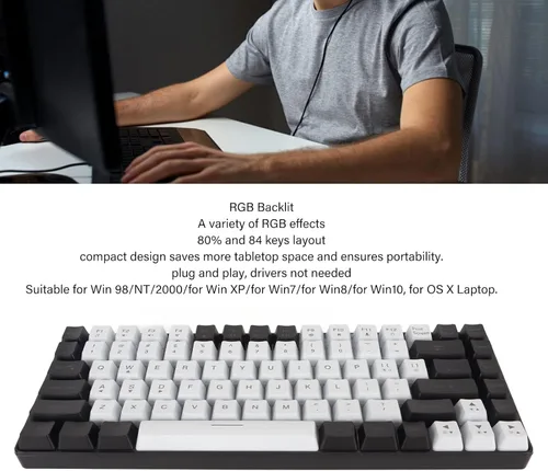 Vista 2 de Dpofirs Gaming Keyboard 80% Layou Ergonomically Curved, Mechanical Keyboard Mechanical Feeling, Gaming Keyboard Mechanical Widely Compatible mit RGB