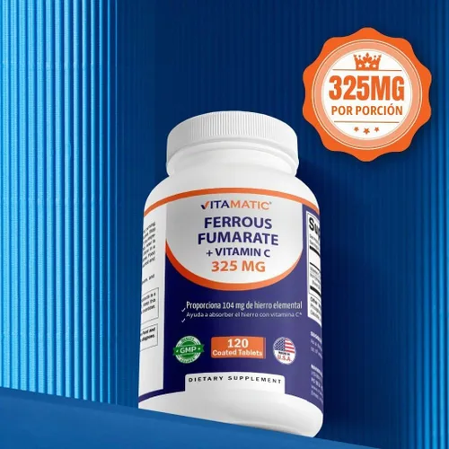Vista 6 de Vitamatic Fumarato ferroso 325 mg + vitamina C 100 mg (104 mg de hierro elemental) – Suplemento de hierro de alta potencia – Suave para el estómago