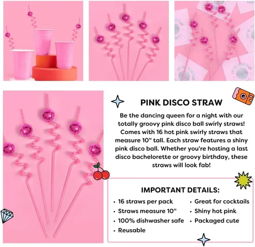 Vista 2 de xo, Fetti Juego de pajitas espirales de bola de discoteca rosa, 16 piezas, decoraciones de fiesta de cumpleaños de eras, regalo de fiesta de club