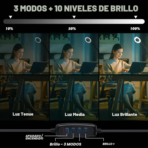 Vista 3 de Lupa de Escritorio con Luz 10x, Lupa con 3 Colores de Luz, 10 Niveles de Brillo Ajustable, Cuello de Cisne Flexible, Lámpara de Aumento